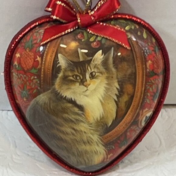 VTG Heart w/Tabby Cat in Mirror Double Sided Christmas Tree Ornament 3.75" - Picture 4 of 8